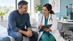 Primary care clinician reviewing annual physical blood test results with an adult patient