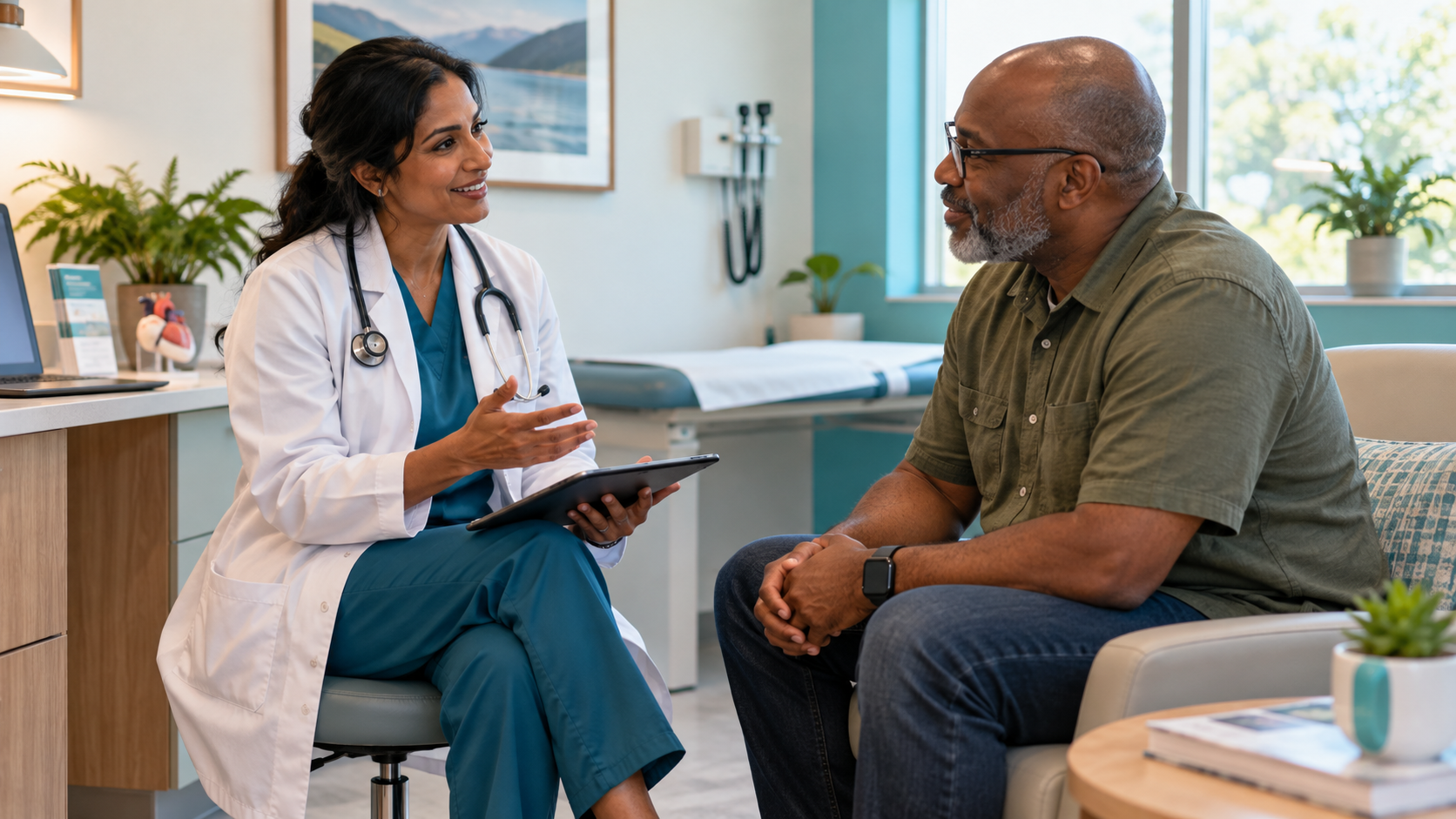 Adult patient discussing personalized primary care options and healthcare costs with a clinician