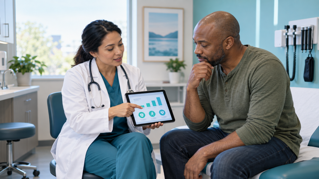Primary care clinician helping an adult understand preventive care and healthcare costs