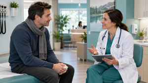 Adult with cold symptoms discussing a same day sick visit with a primary care clinician