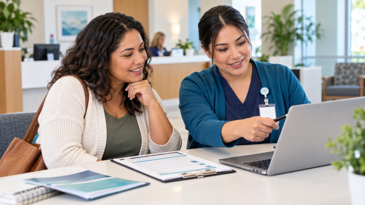 Adult reviewing in-network primary care options during open enrollment